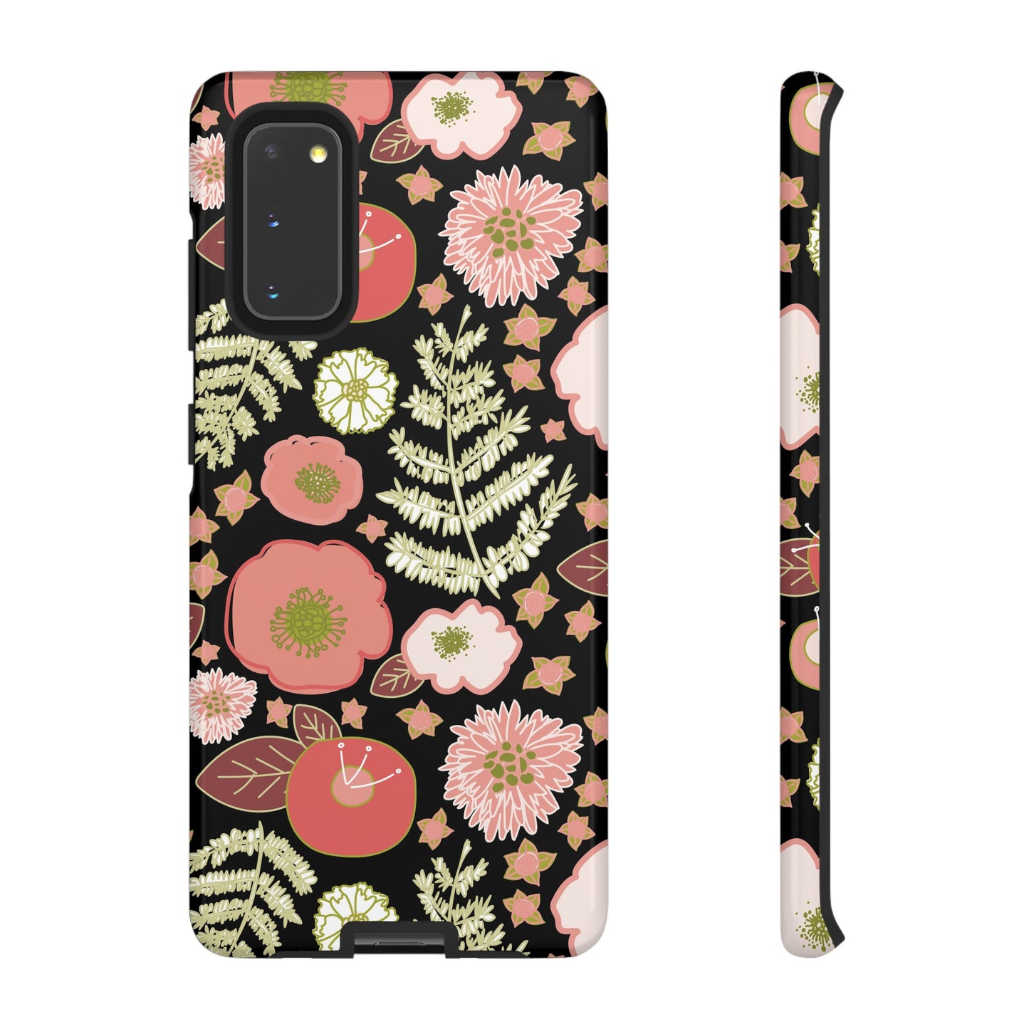 Coral Flowers on Black Tough Cases for Samsung