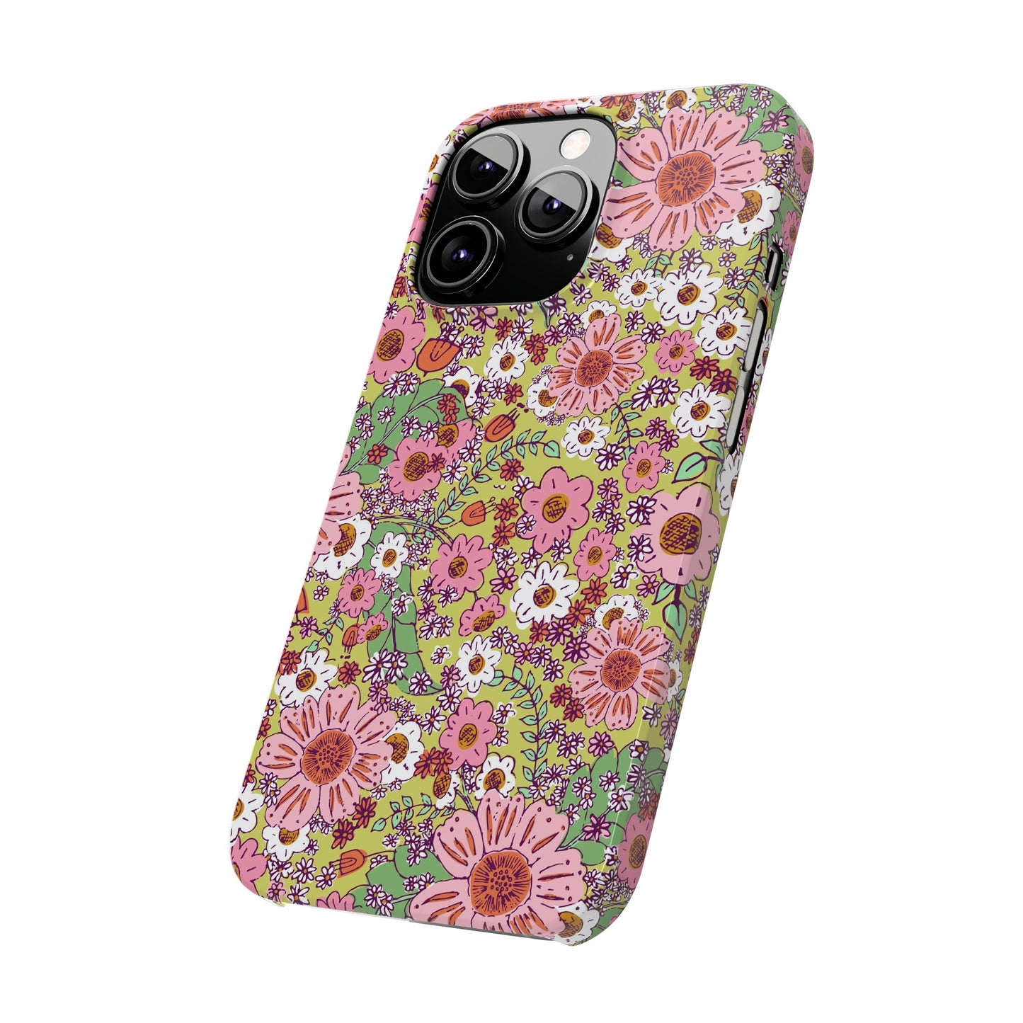 Cheerful Watercolor Flowers on Bright Green Slim Phone Cases