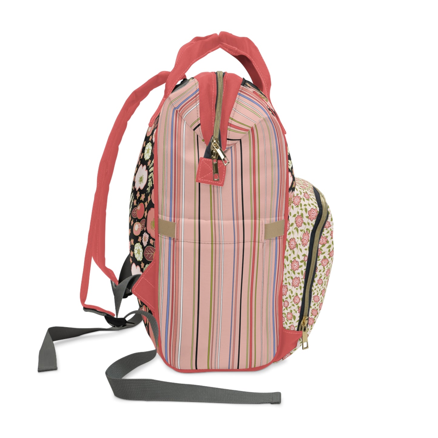 Coral Flowers on Black Multifunctional Diaper Backpack