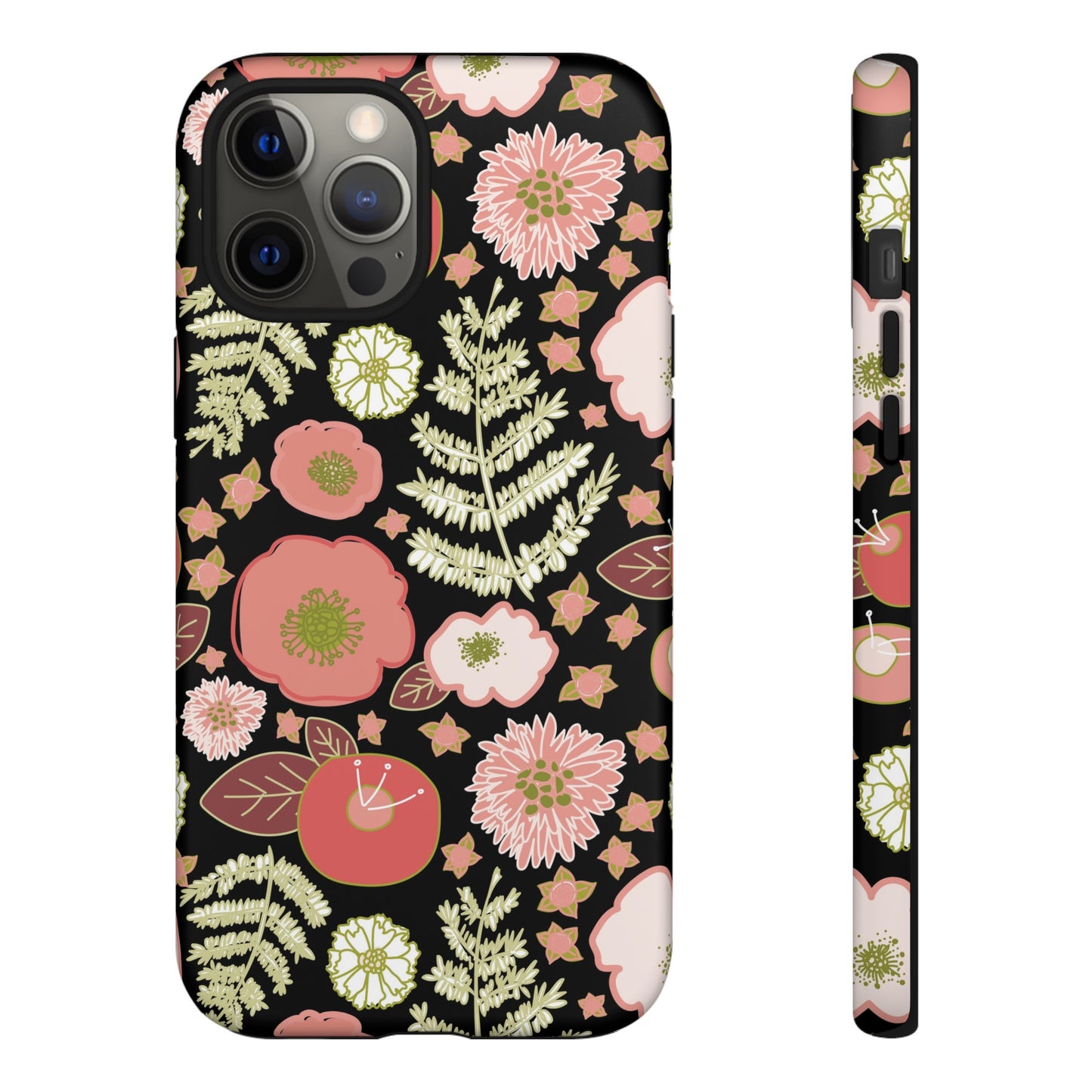 Coral Flowers on Black Tough Cases for iPhone