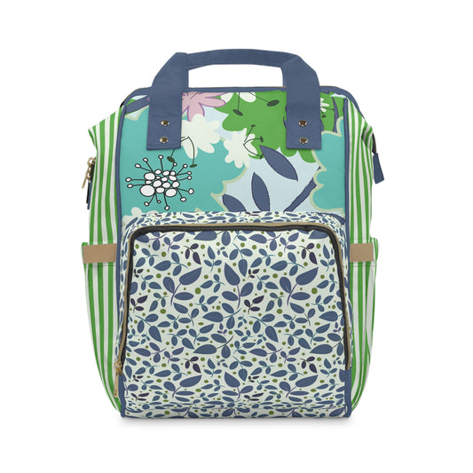 Mid Mod Floral in Blue and Green Multifunctional Diaper Backpack