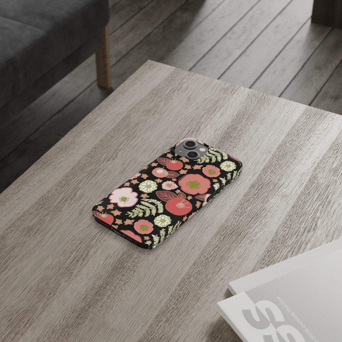 Coral Flowers on Black Slim Phone Cases