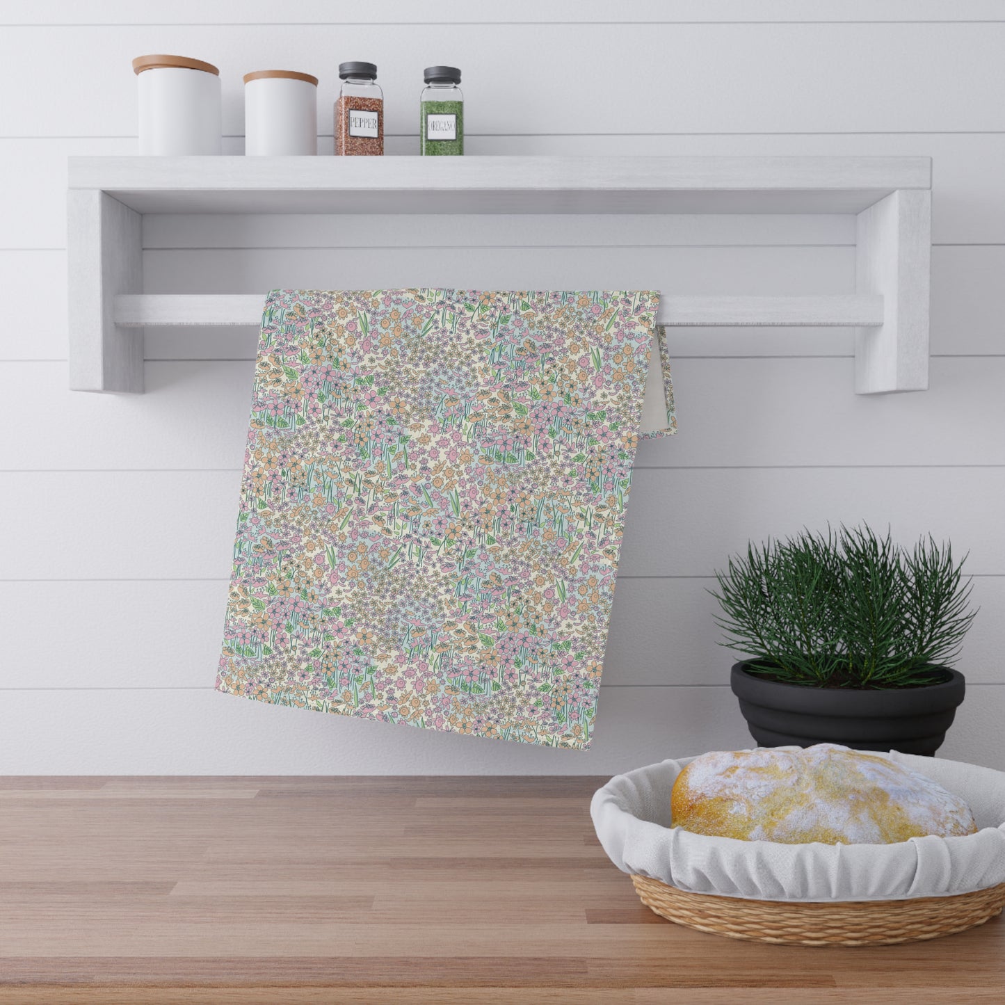 Orange and Pink Flowers on Blue Dot Kitchen Towel