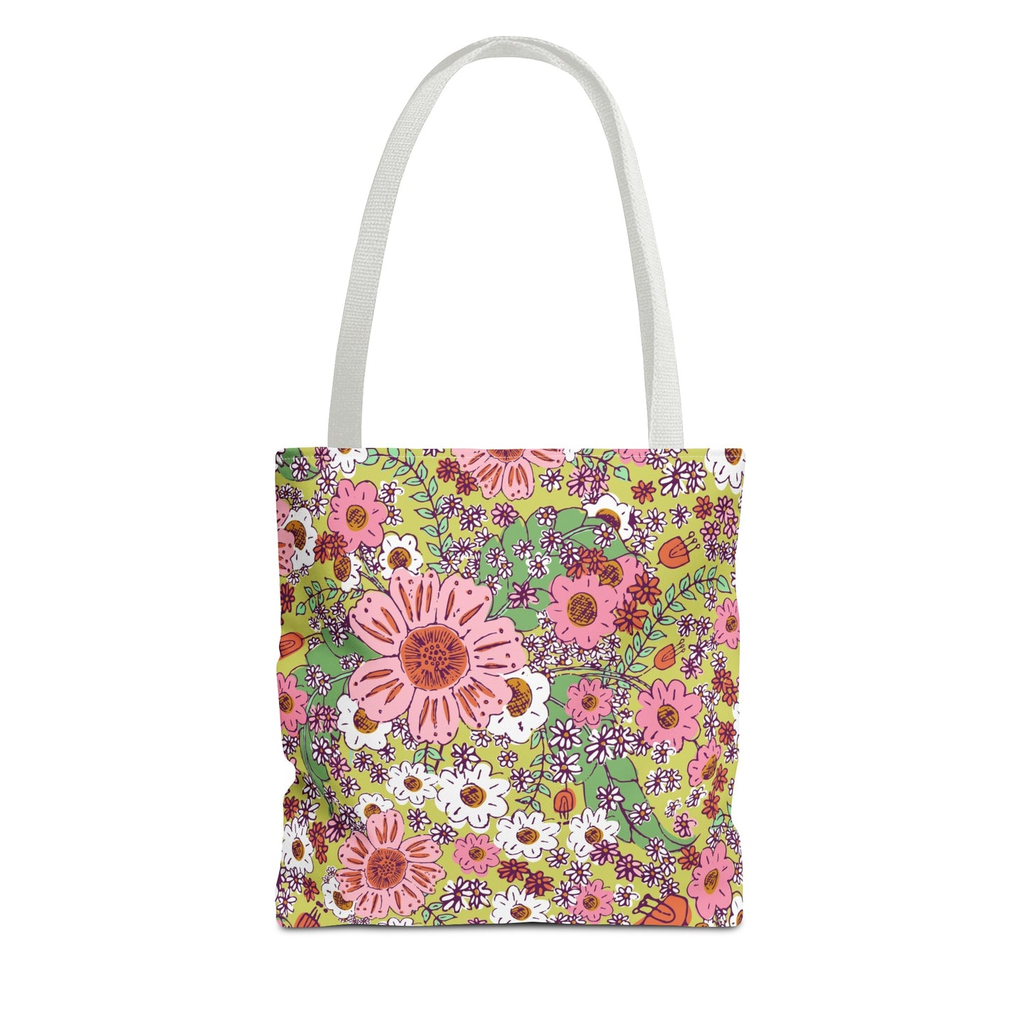 Cheerful Watercolor Flowers on Bright Green Tote Bag