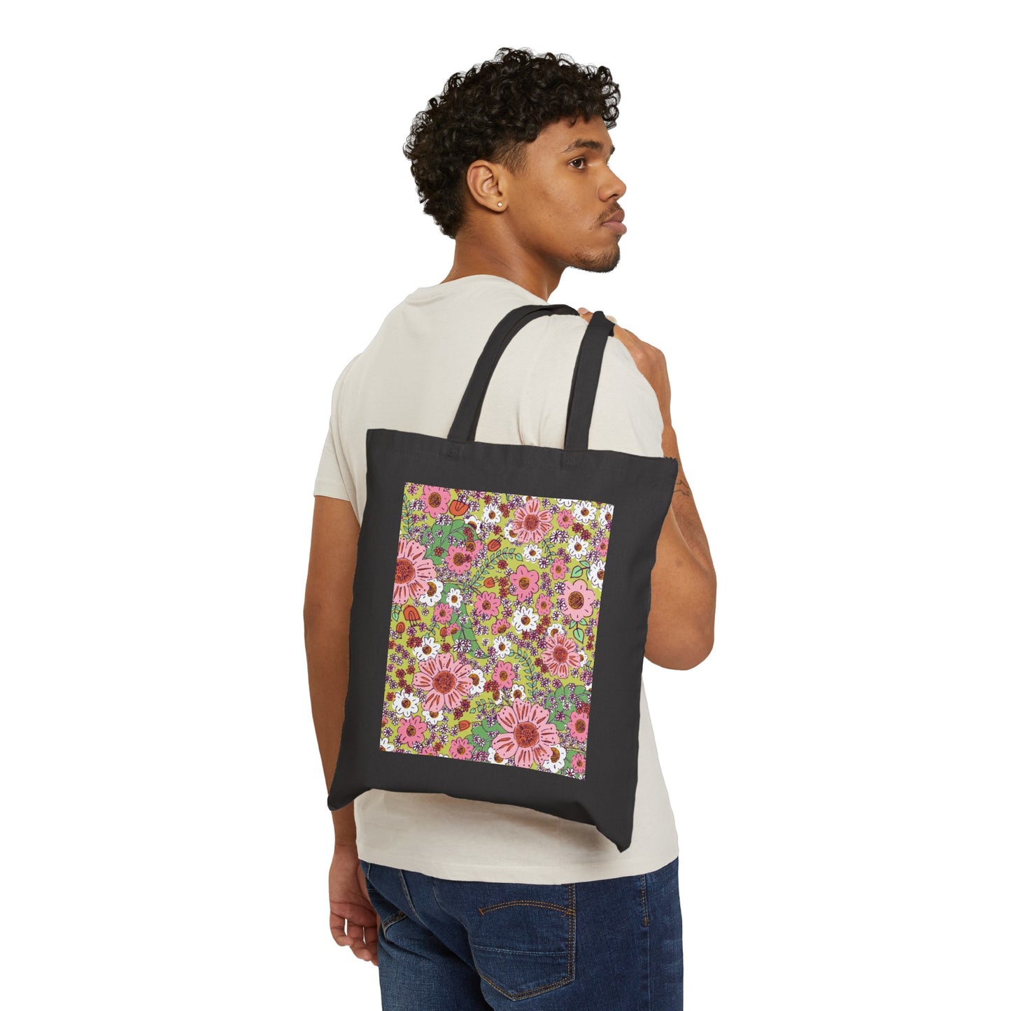 Cheerful Watercolor Floral on Bright Green Cotton Canvas Tote Bag