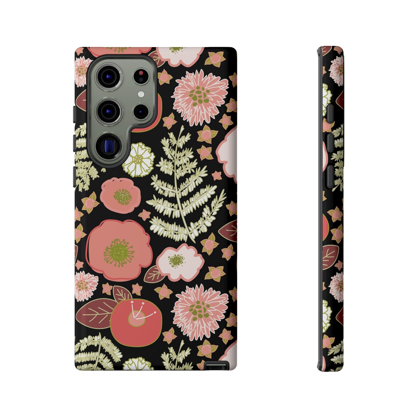 Coral Flowers on Black Tough Cases for Samsung