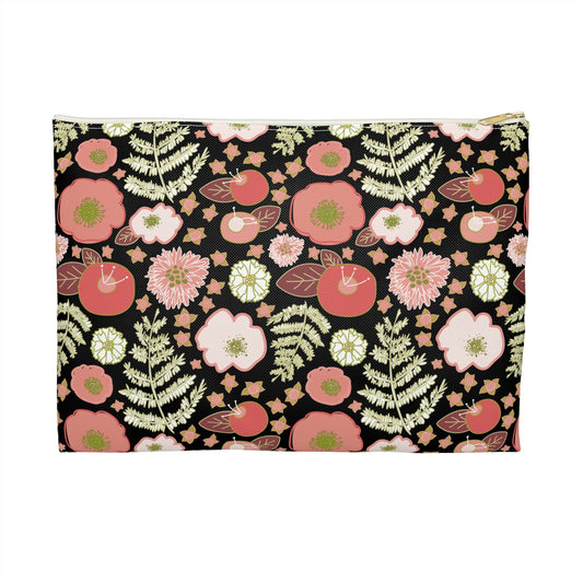 Coral Flowers on Black Accessory Pouch