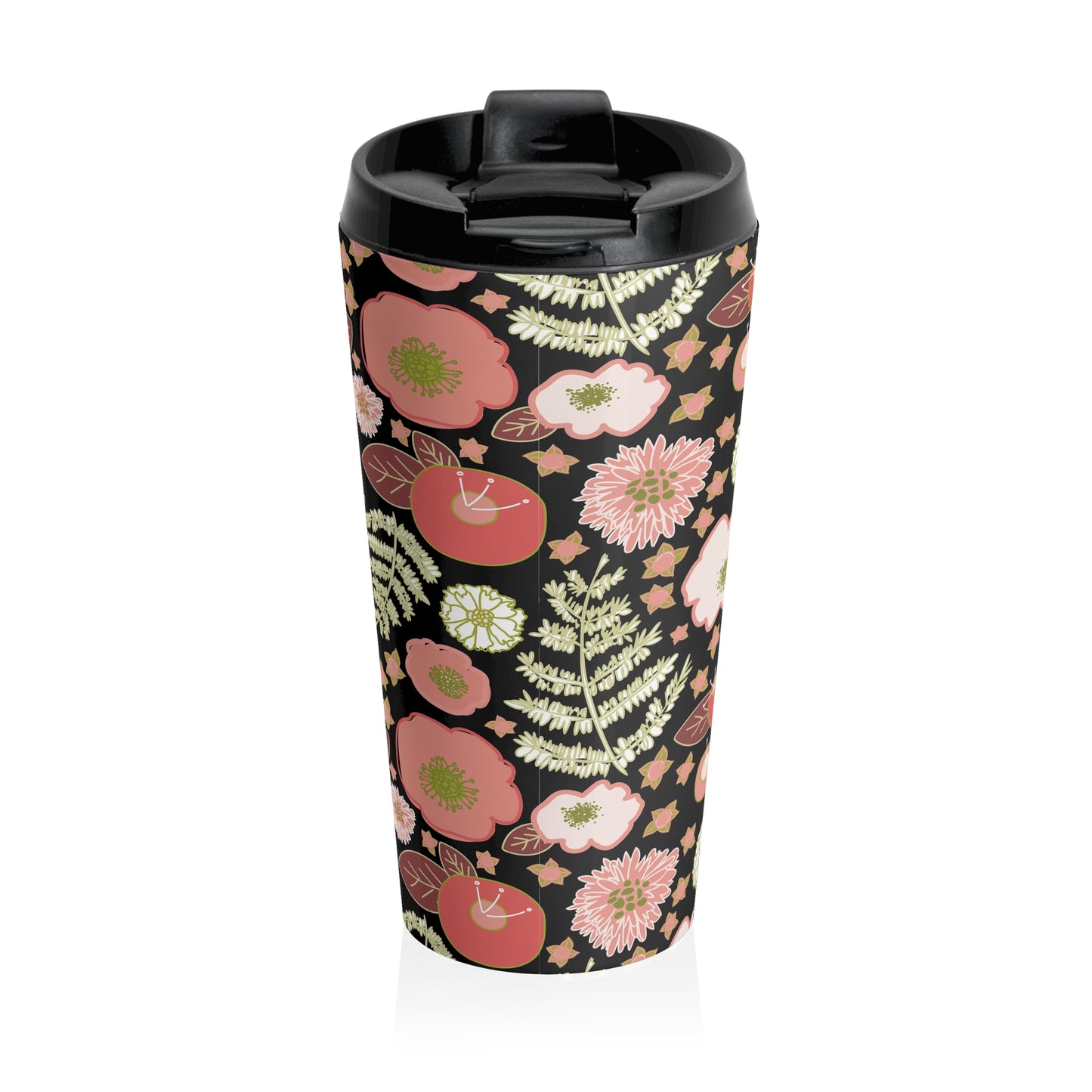 Coral Flowers on Black Stainless Steel Travel Mug