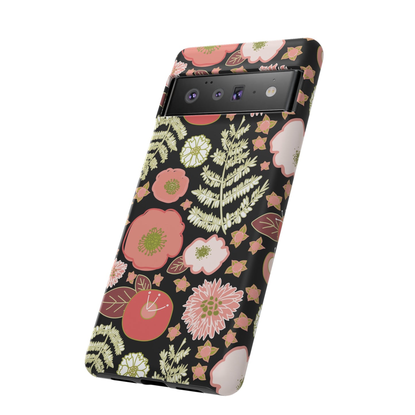 Coral Flowers on Black Tough Cases for Google Pixel