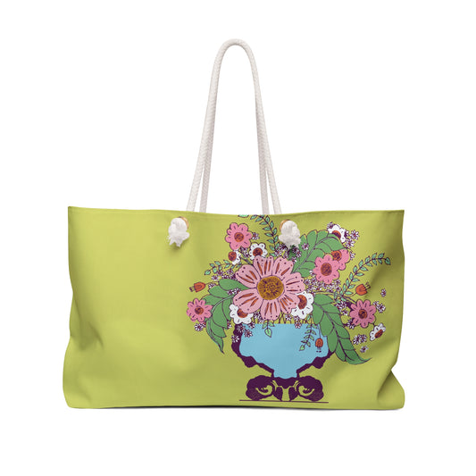 Cheerful Watercolor Flowers in Vase on Bright Green Weekender Bag