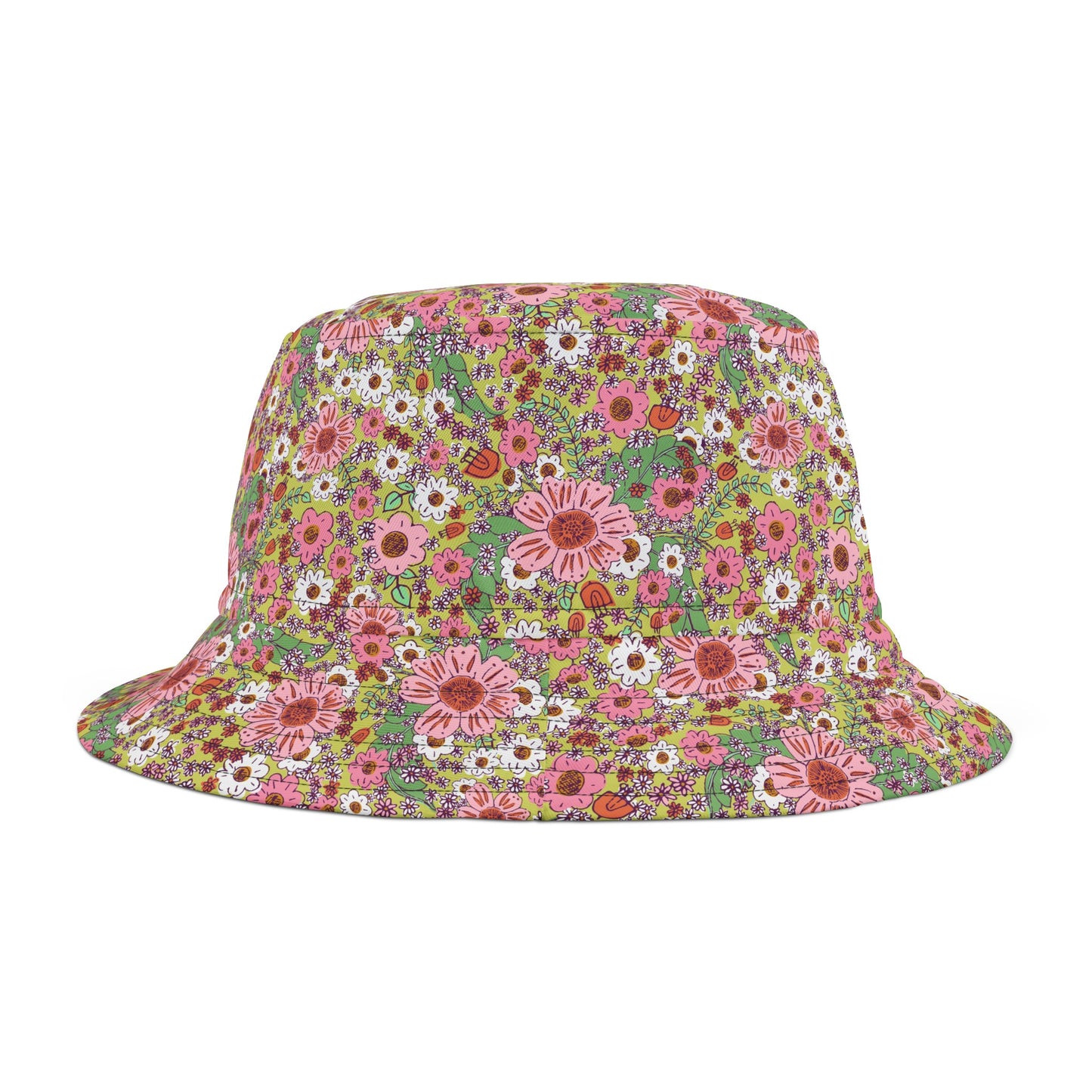 Cheerful Watercolor Flowers on Bright Green Bucket Hat