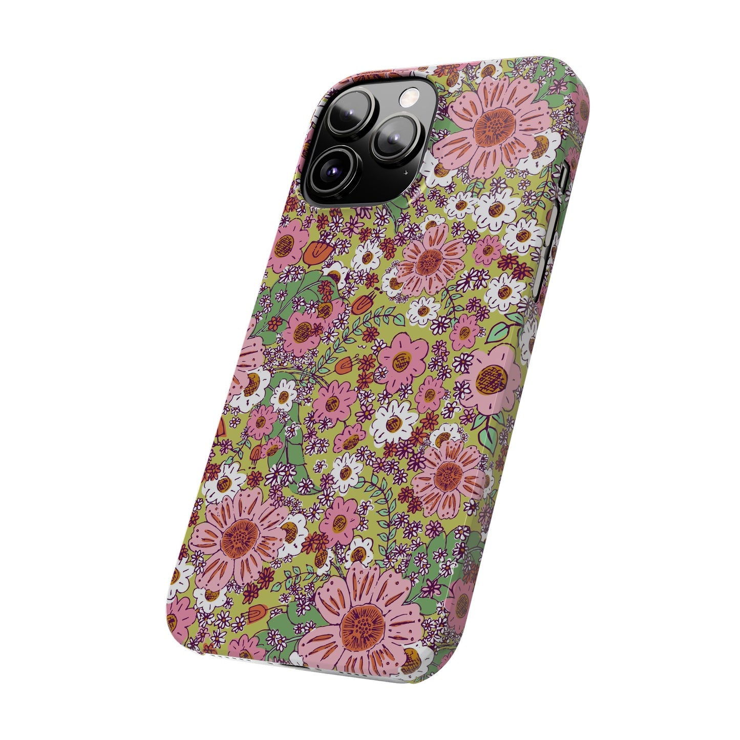 Cheerful Watercolor Flowers on Bright Green Slim Phone Cases