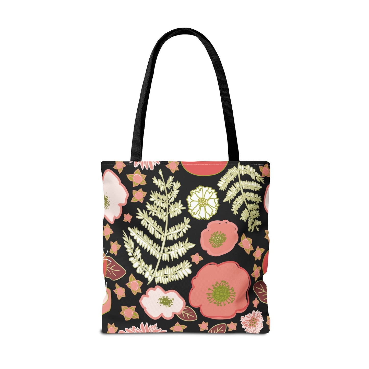 Coral Flowers on Black Tote Bag