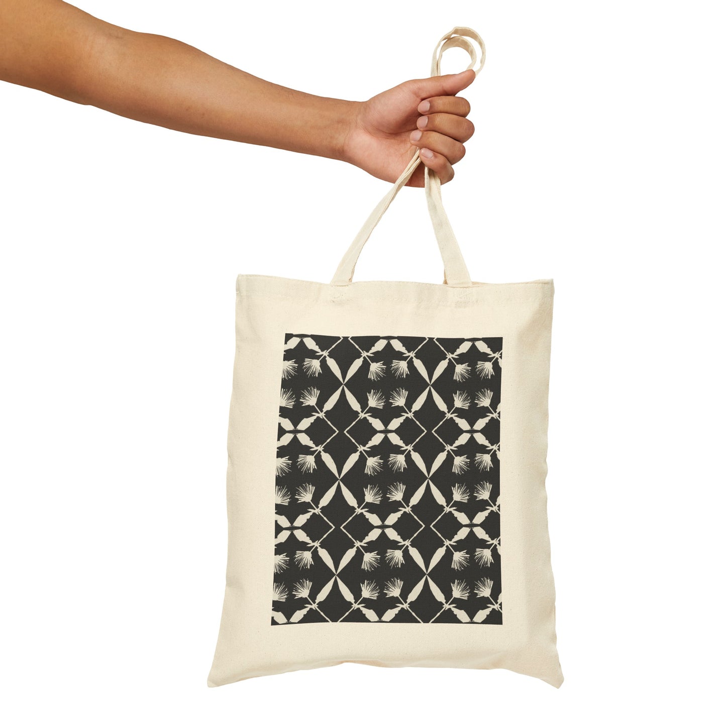 Black and White Floral Cotton Canvas Tote Bag