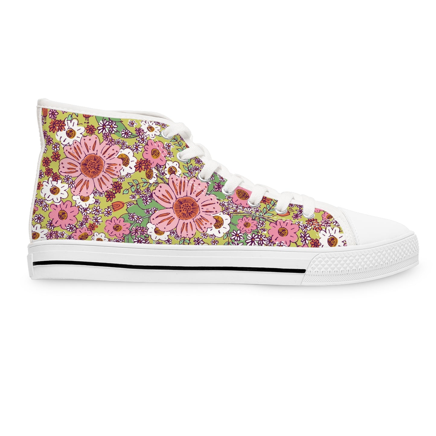 Cheerful Watercolor Flowers on Bright Green Women's High Top Sneakers