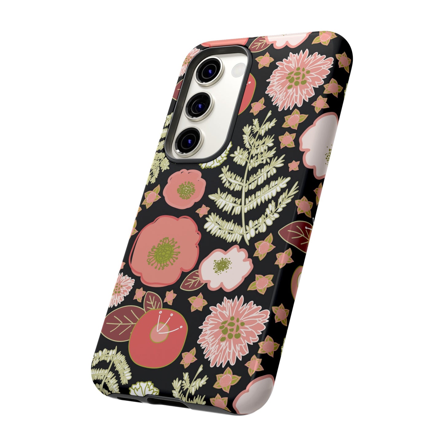 Coral Flowers on Black Tough Cases for Samsung