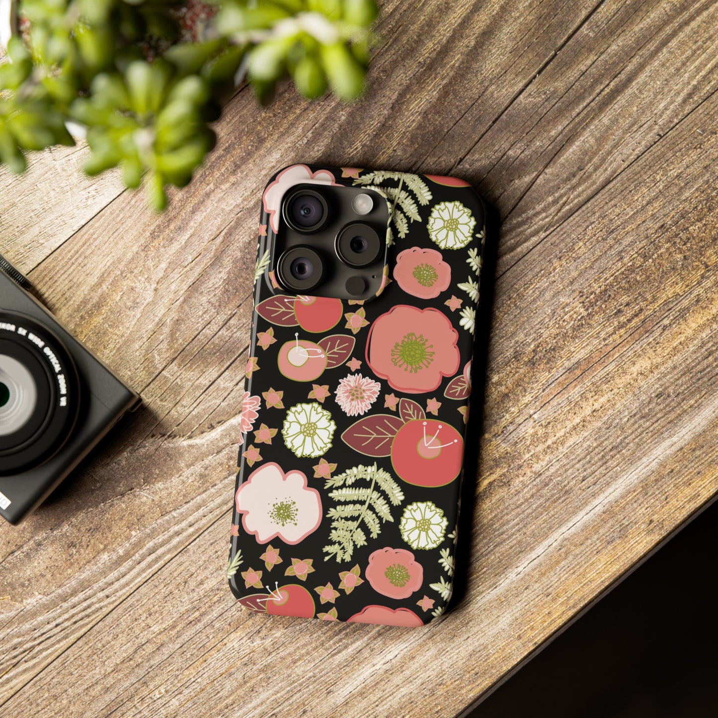 Coral Flowers on Black Slim Phone Cases