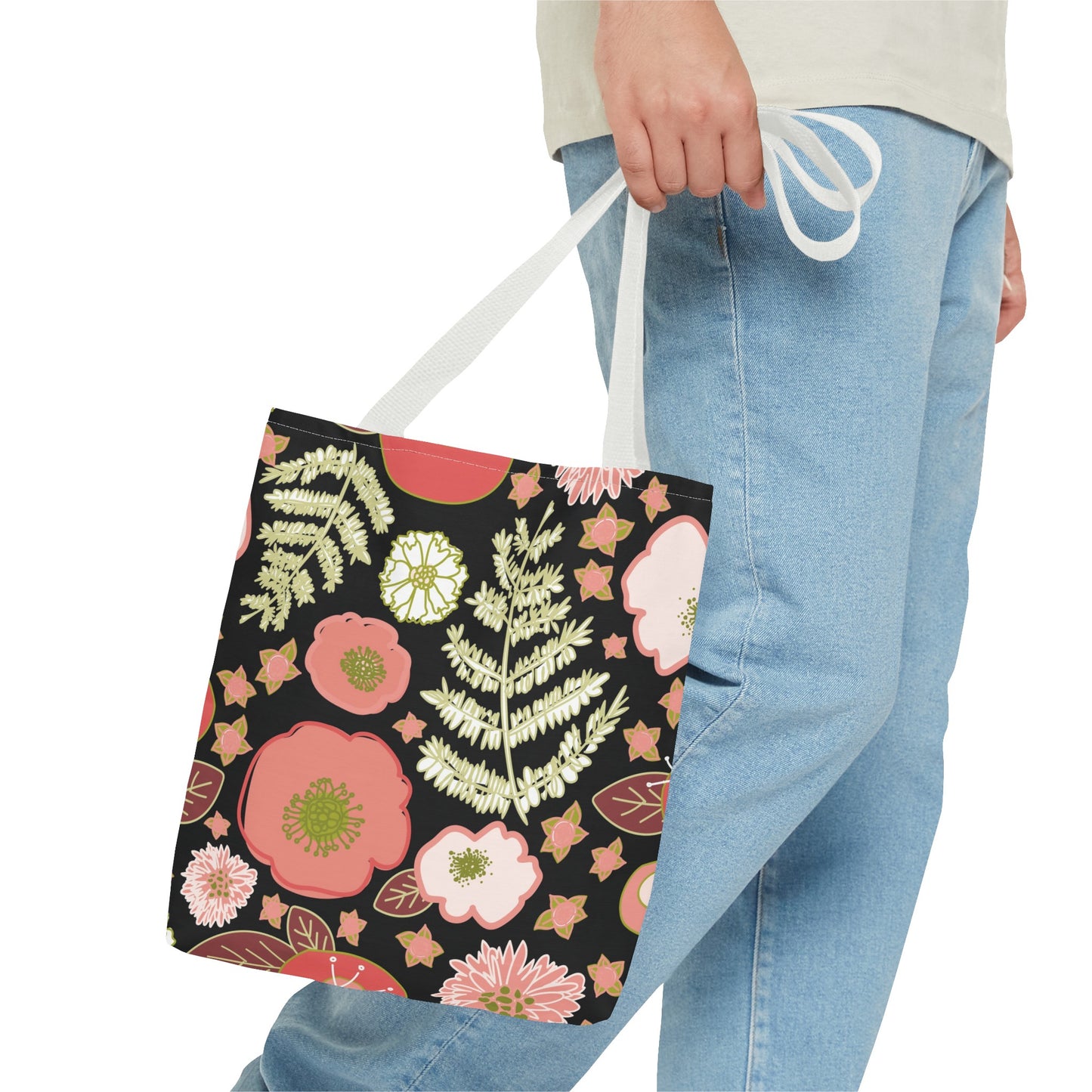 Coral Flowers on Black Tote Bag