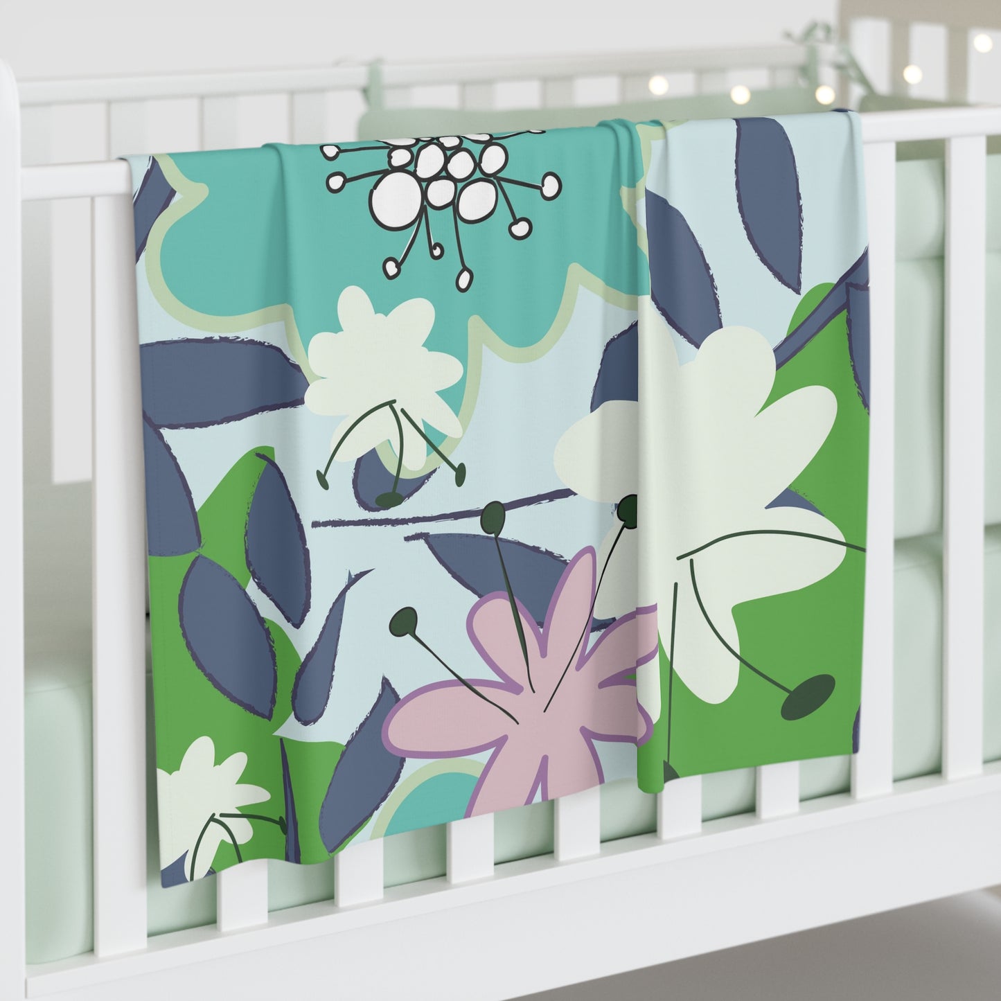 Mid Mod Floral in Blue and Green Baby Swaddle Blanket