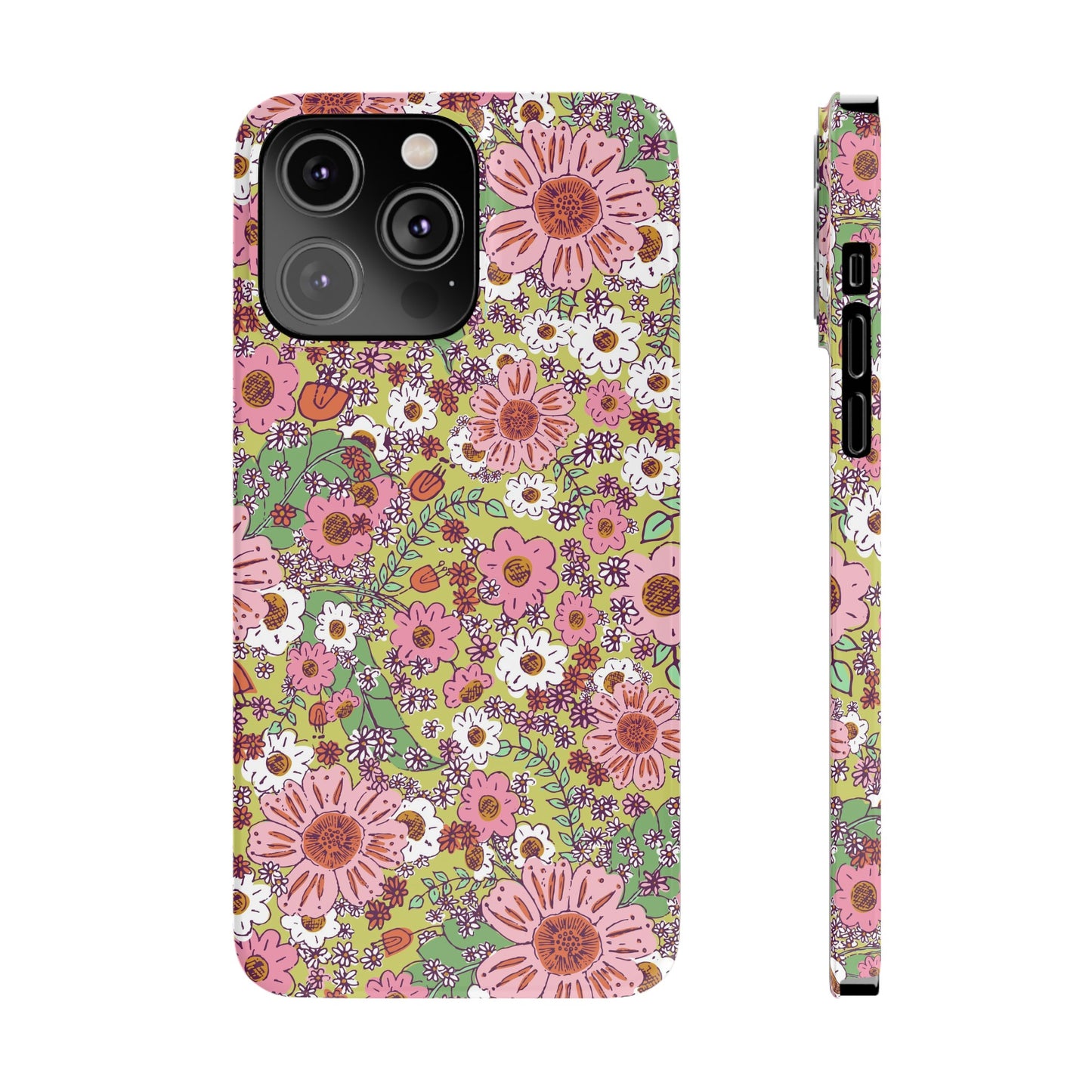 Cheerful Watercolor Flowers on Bright Green Slim Phone Cases