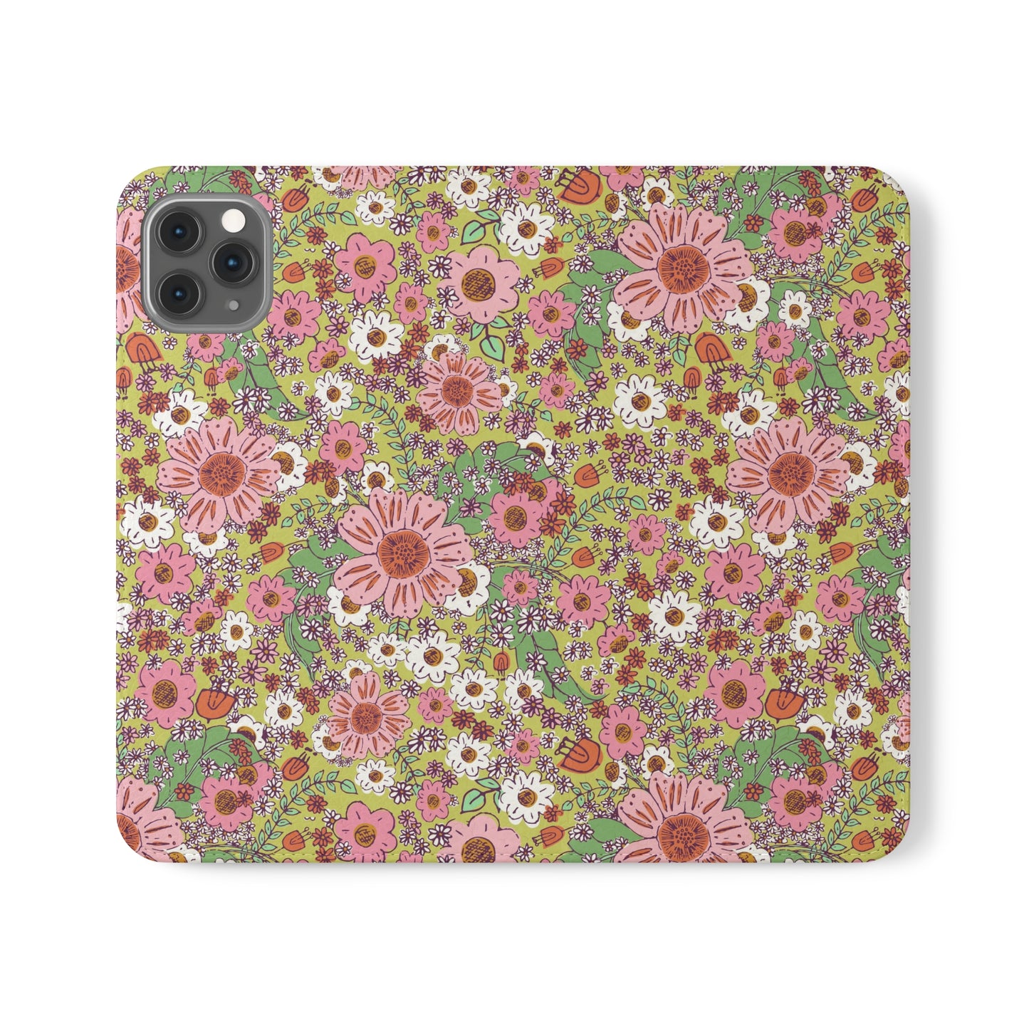 Cheerful Watercolor Flowers on Bright Green Flip Cases for iPhone