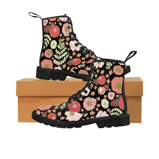 Coral Flowers on Black Women's Canvas Boots