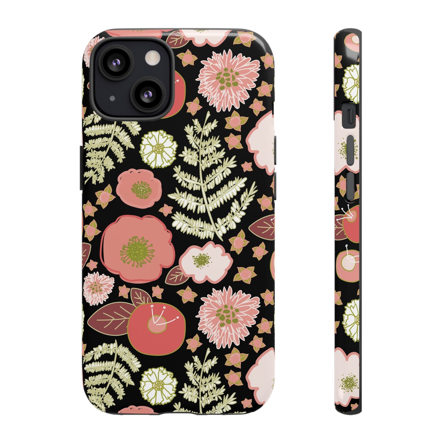 Coral Flowers on Black Tough Cases for iPhone