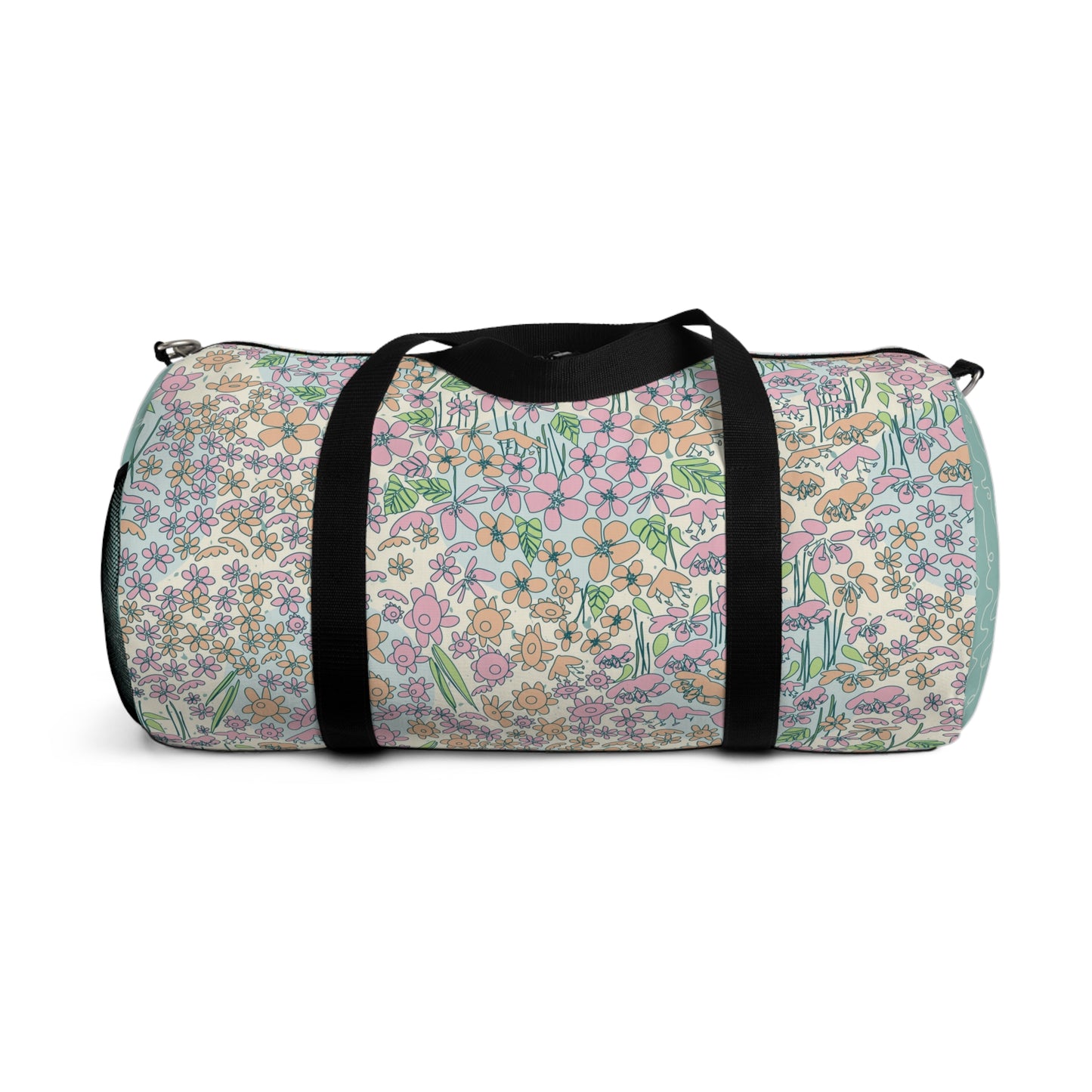 Orange and Pink Flowers on Blue Dot Duffel Bag