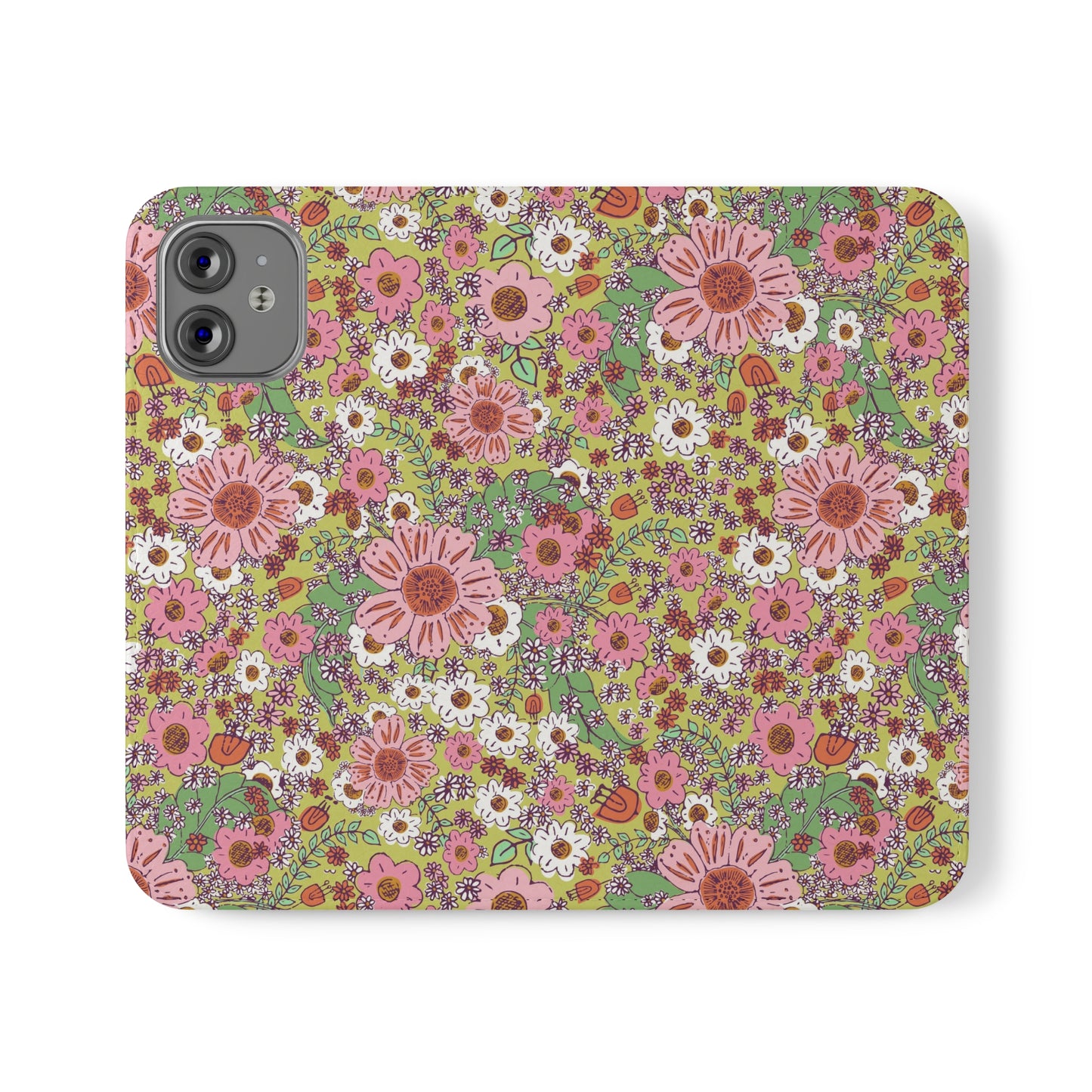 Cheerful Watercolor Flowers on Bright Green Flip Cases for iPhone