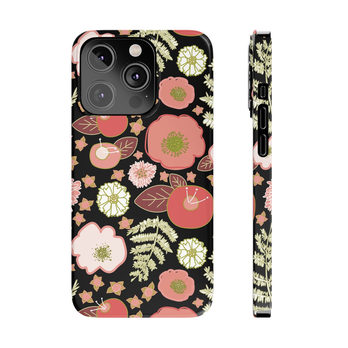 Coral Flowers on Black Slim Phone Cases