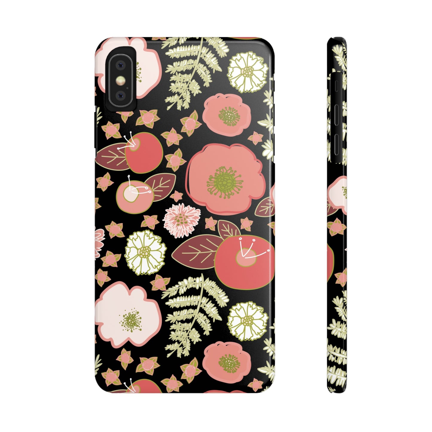 Coral Flowers on Black Slim Phone Cases