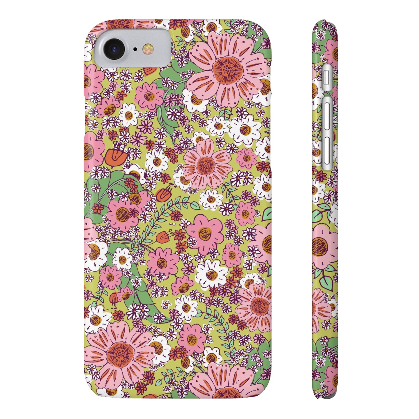 Cheerful Watercolor Flowers on Bright Green Slim Phone Cases