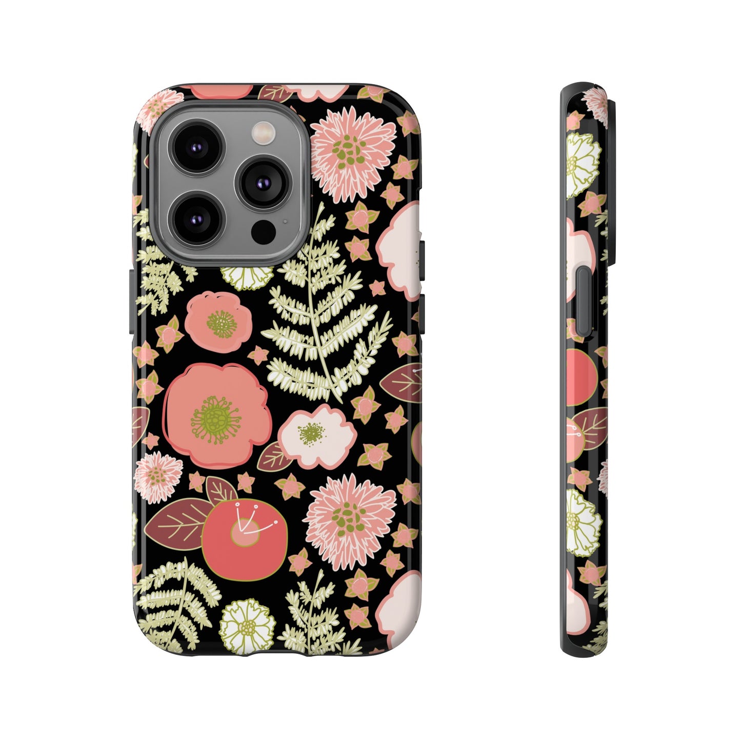 Coral Flowers on Black Tough Cases for iPhone