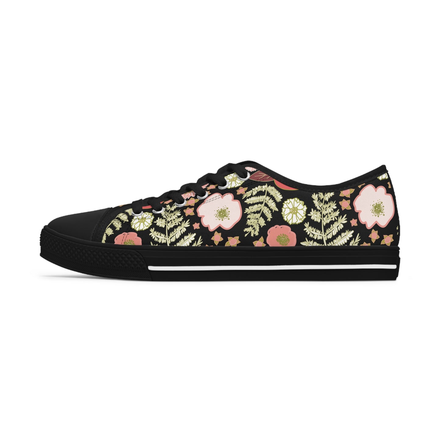 Coral Flowers on Black Women's Low Top Sneakers