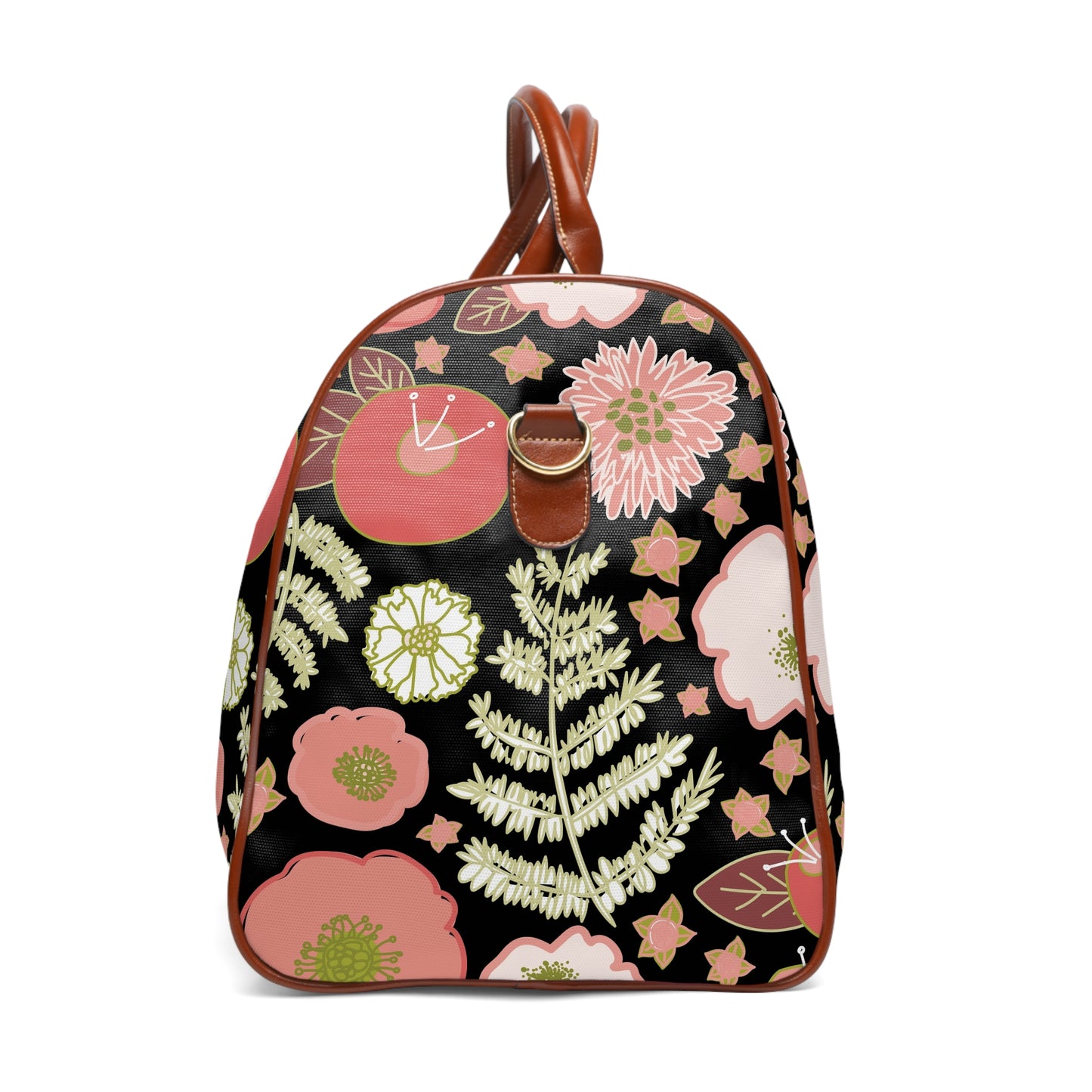 Coral Flowers on Black Waterproof Travel Bag