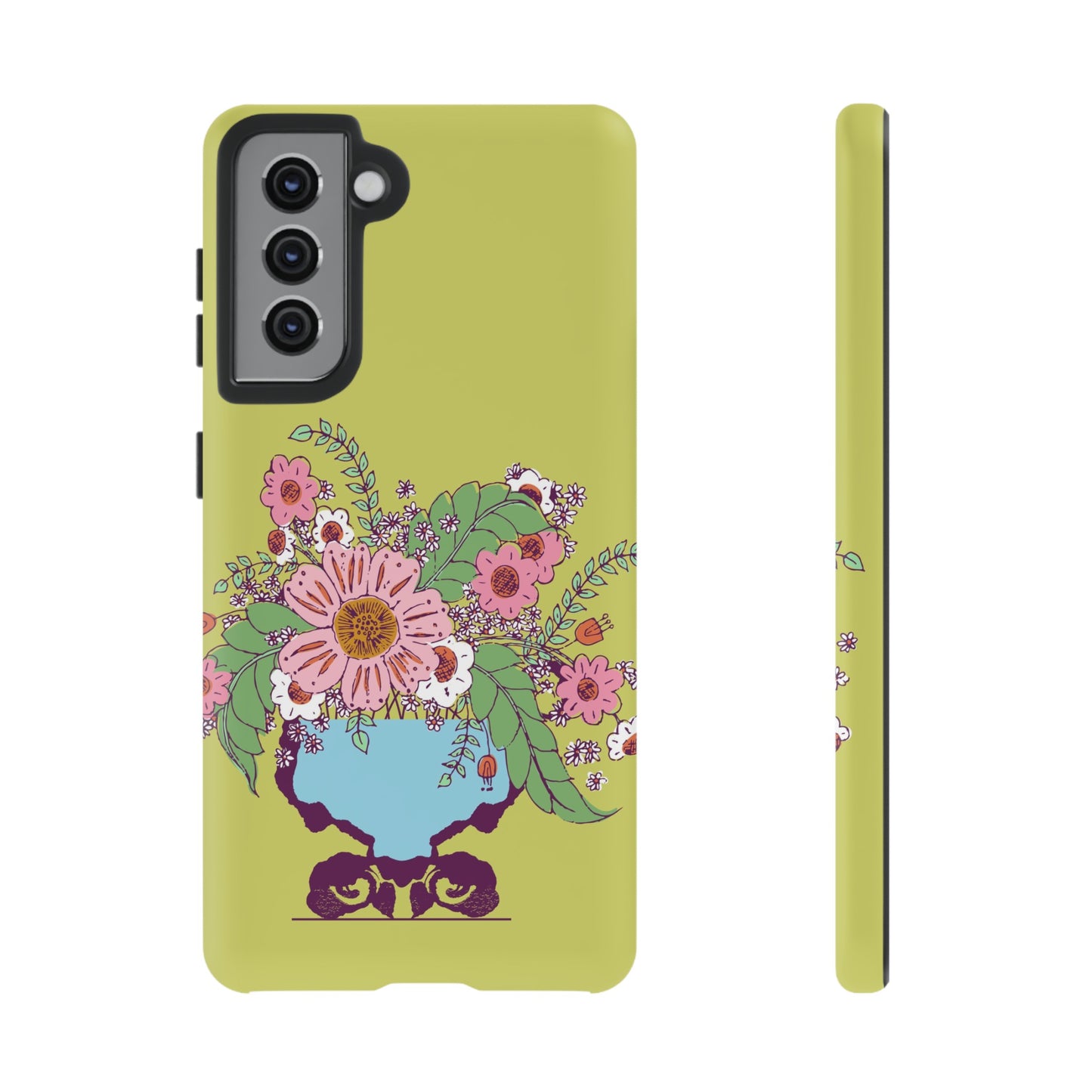 Cheerful Watercolor Flowers in Vase on Bright Green Tough Cases for Samsung