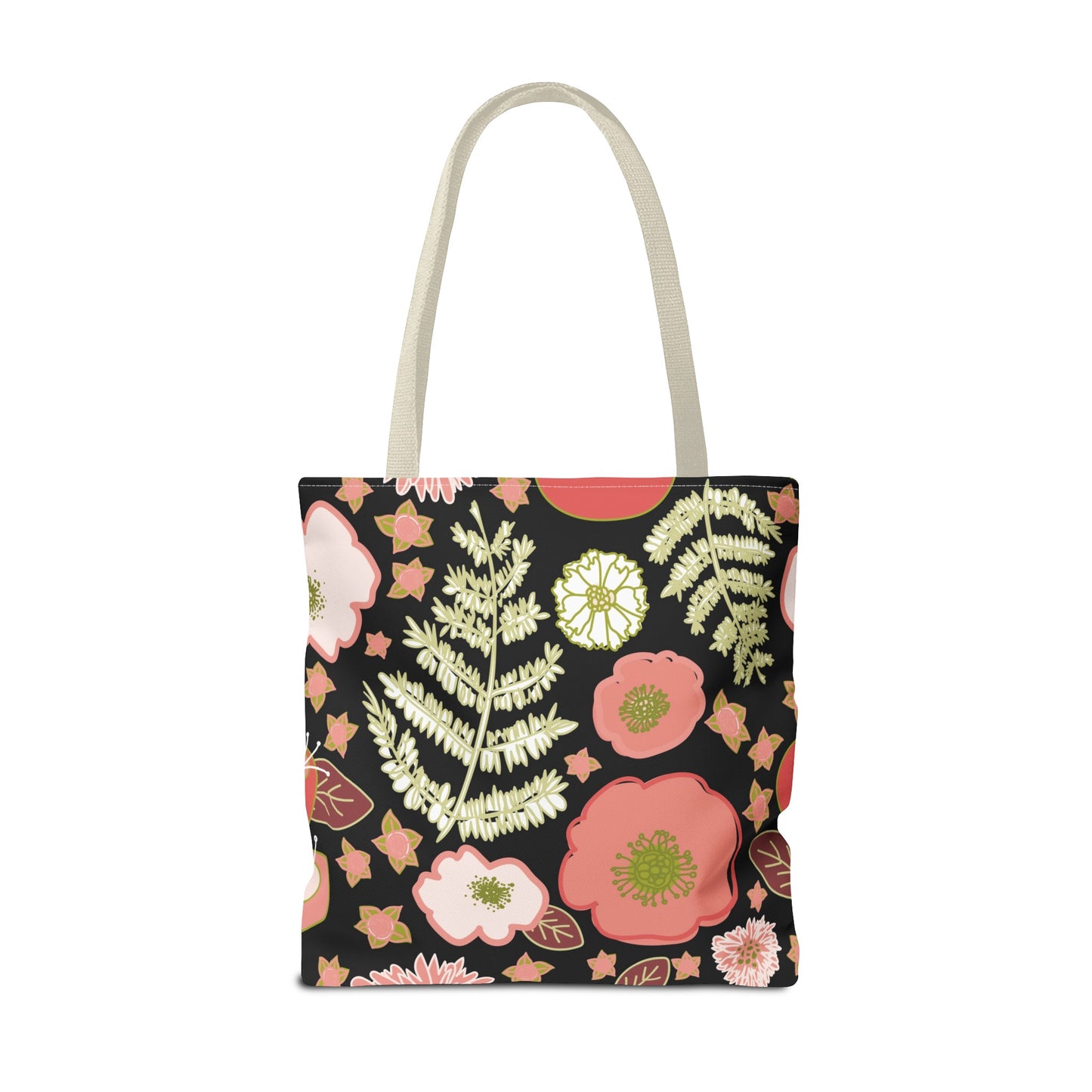 Coral Flowers on Black Tote Bag