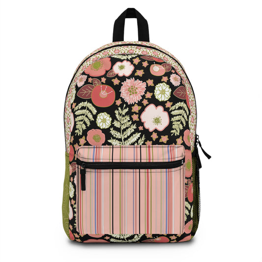 Coral Flowers on Black Backpack