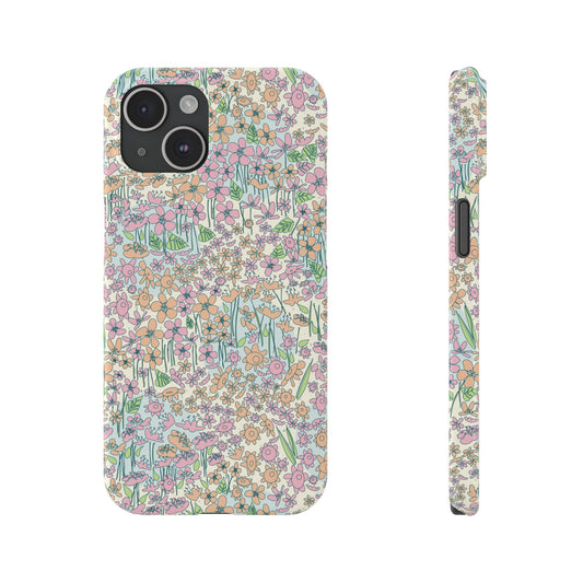 Orange and Pink Flowers on Blue Dot Slim Phone Cases