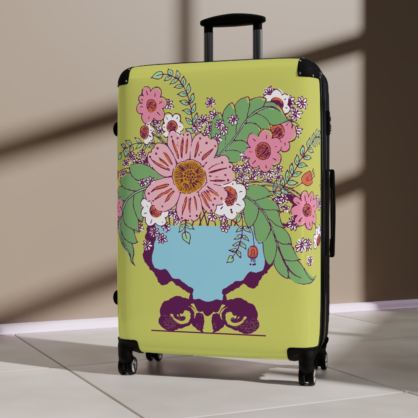 Cheerful Watercolor Flowers in Vase on Bright Green Suitcase