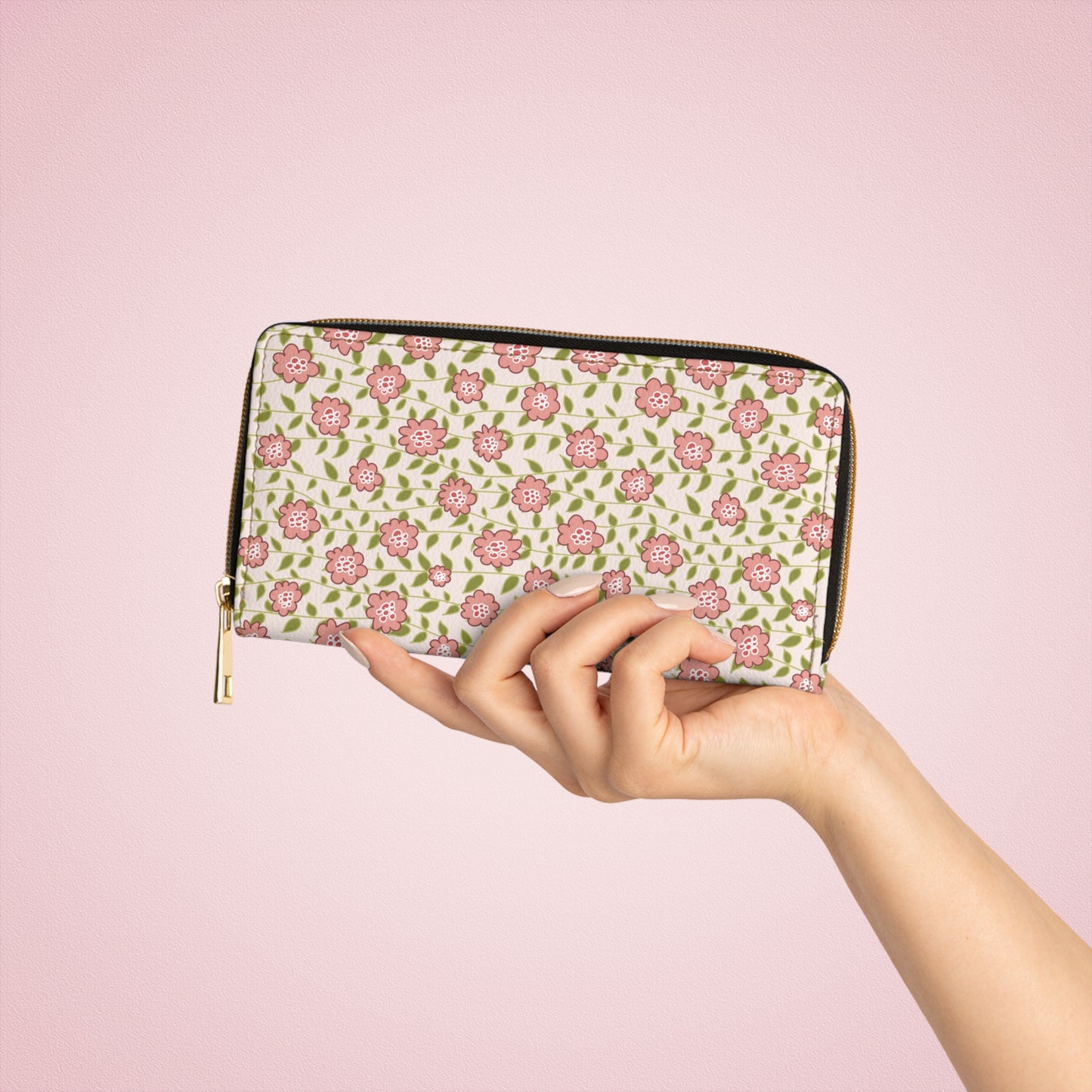 Coral Flowers on Cream Zipper Wallet