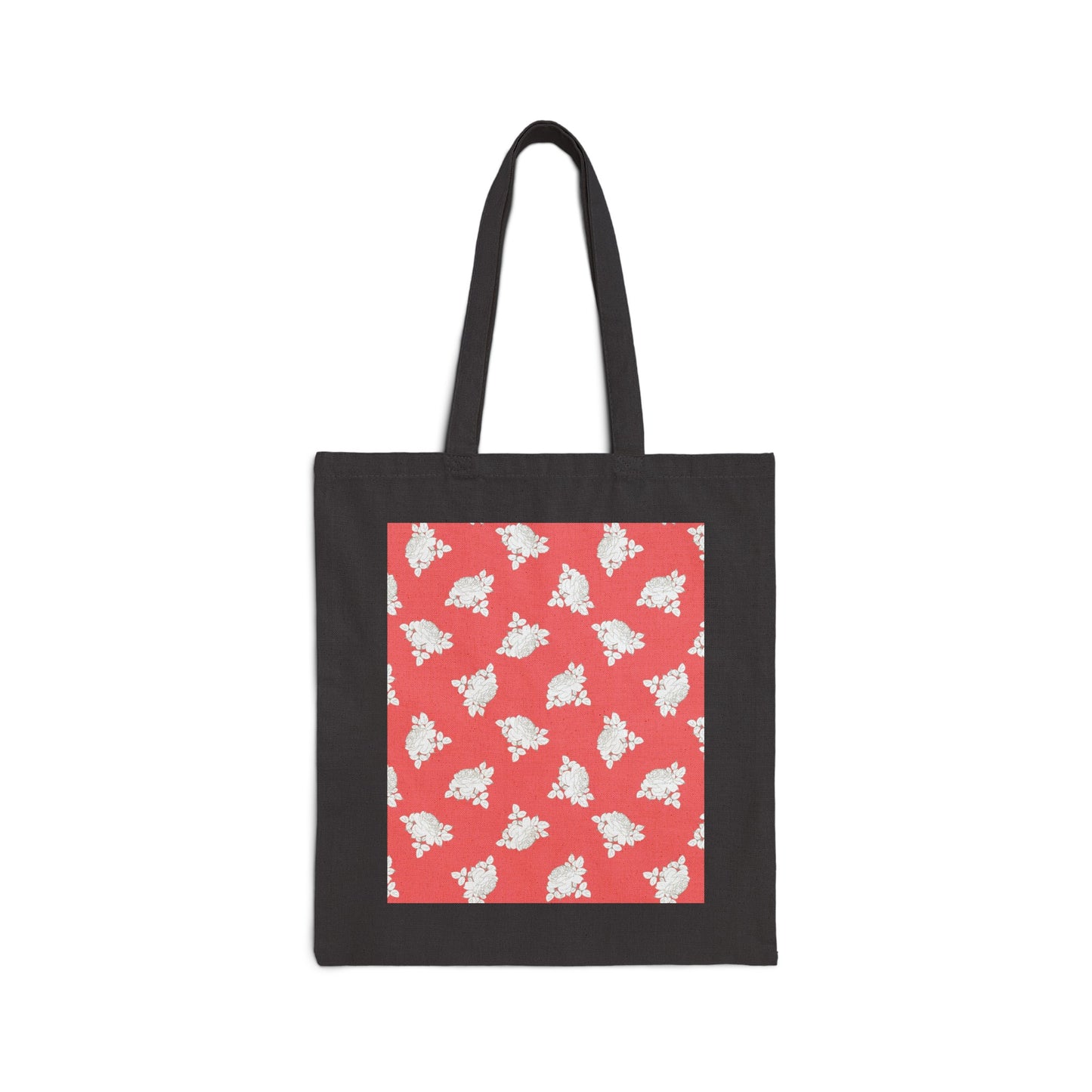 Cream Roses on Coral Cotton Canvas Tote Bag