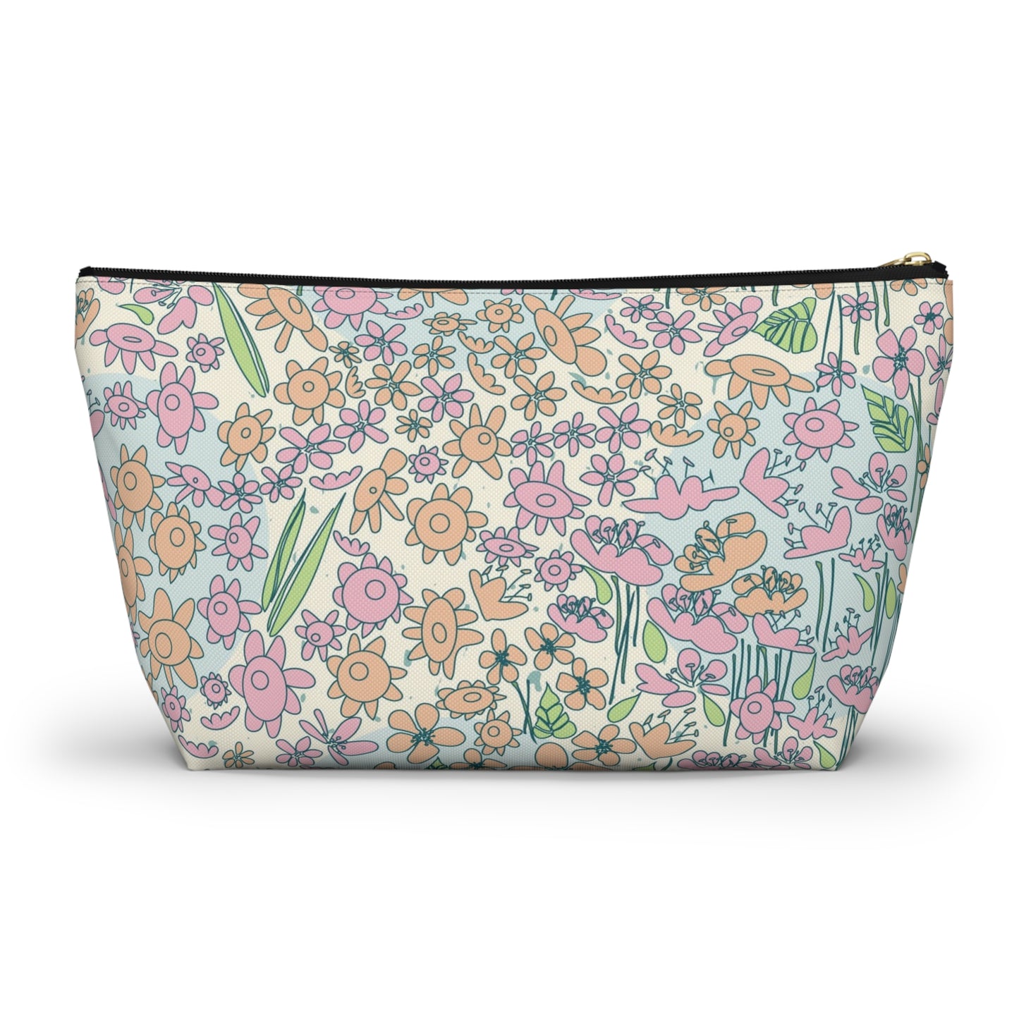 Orange and Pink Flowers on Blue Dot Accessory Pouch w T-bottom