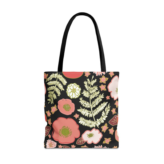 Coral Flowers on Black Tote Bag