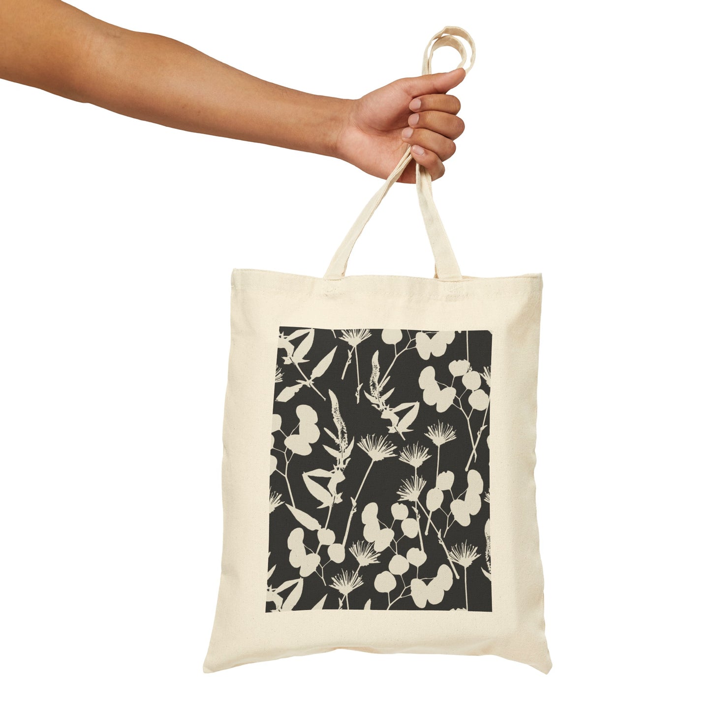 Black and White Floral Cotton Canvas Tote Bag