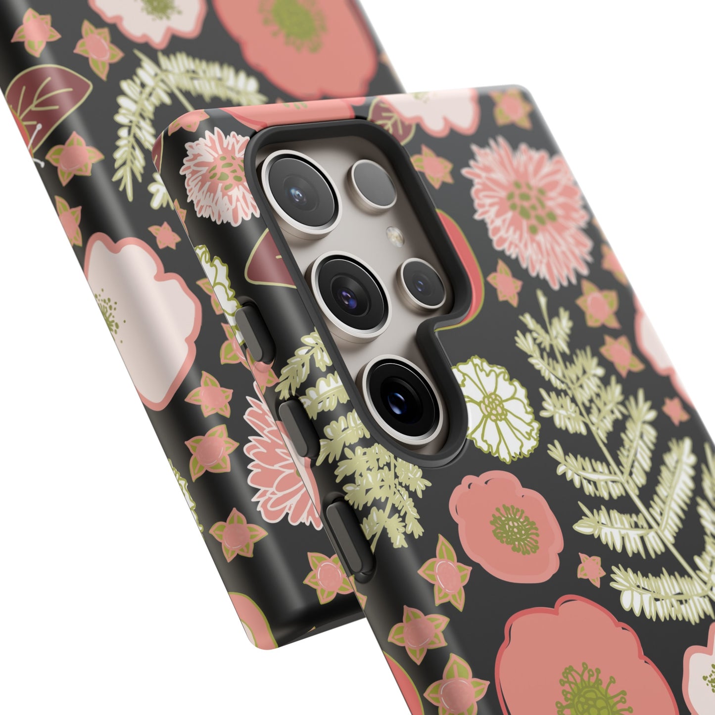 Coral Flowers on Black Tough Cases for Samsung