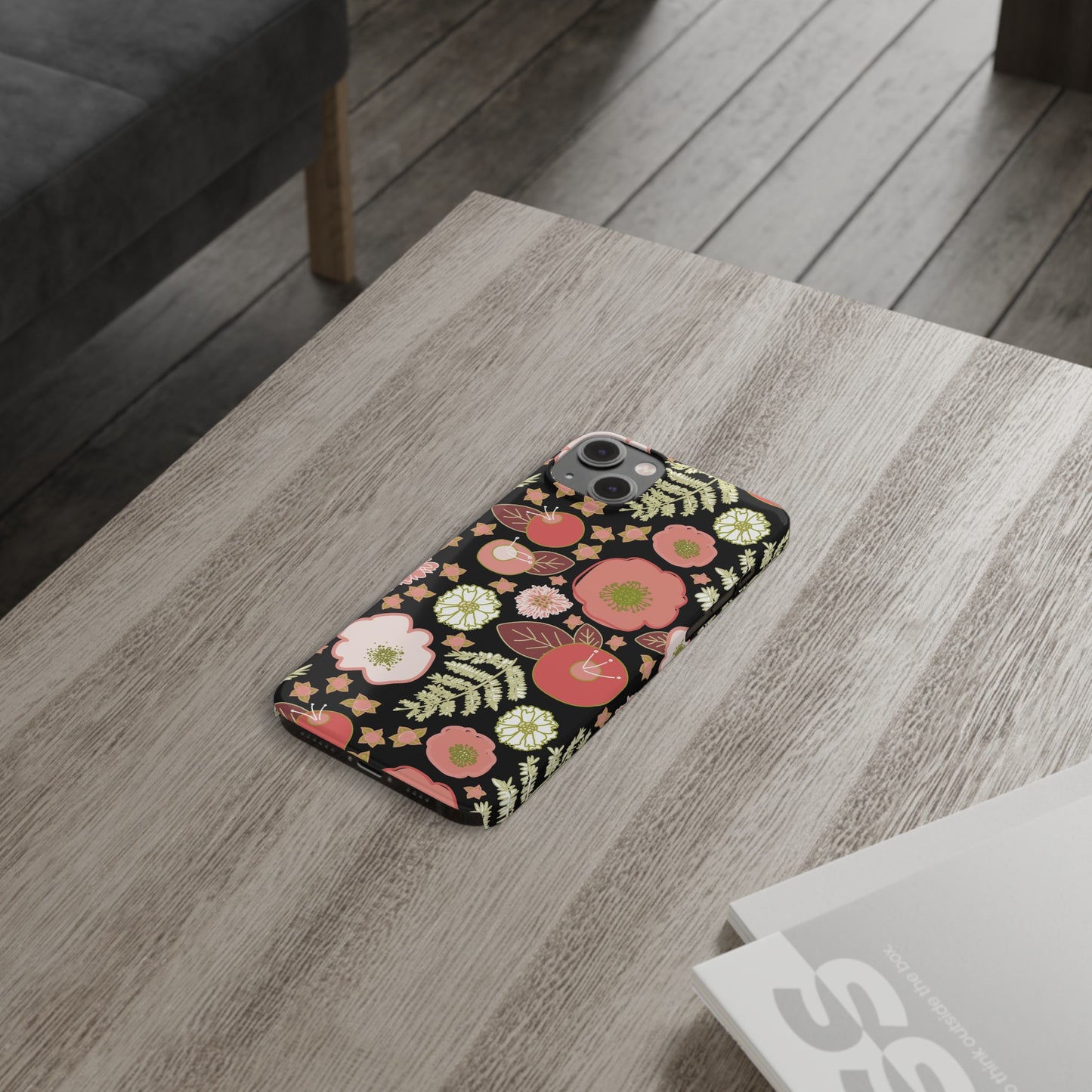 Coral Flowers on Black Slim Phone Cases