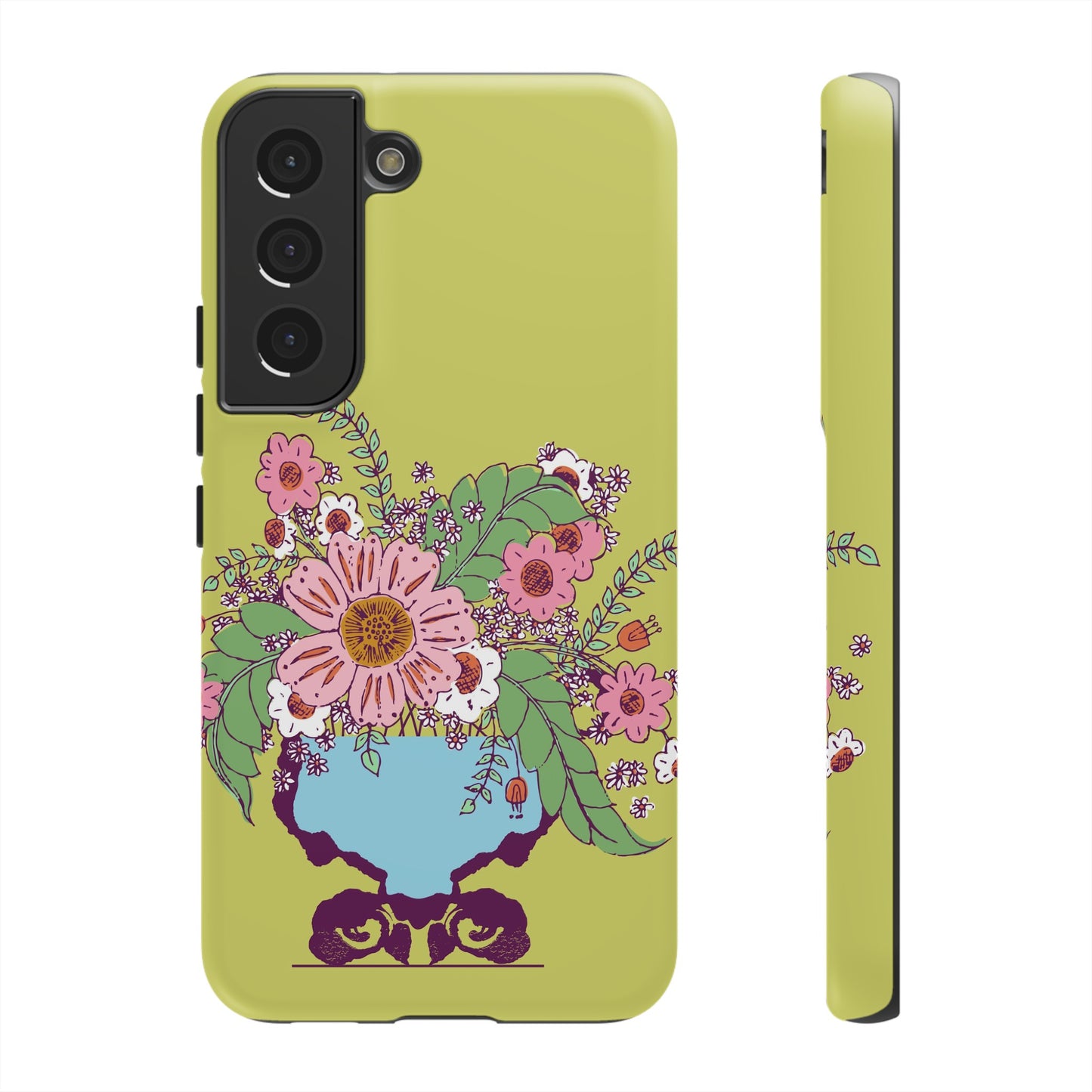 Cheerful Watercolor Flowers in Vase on Bright Green Tough Cases for Samsung