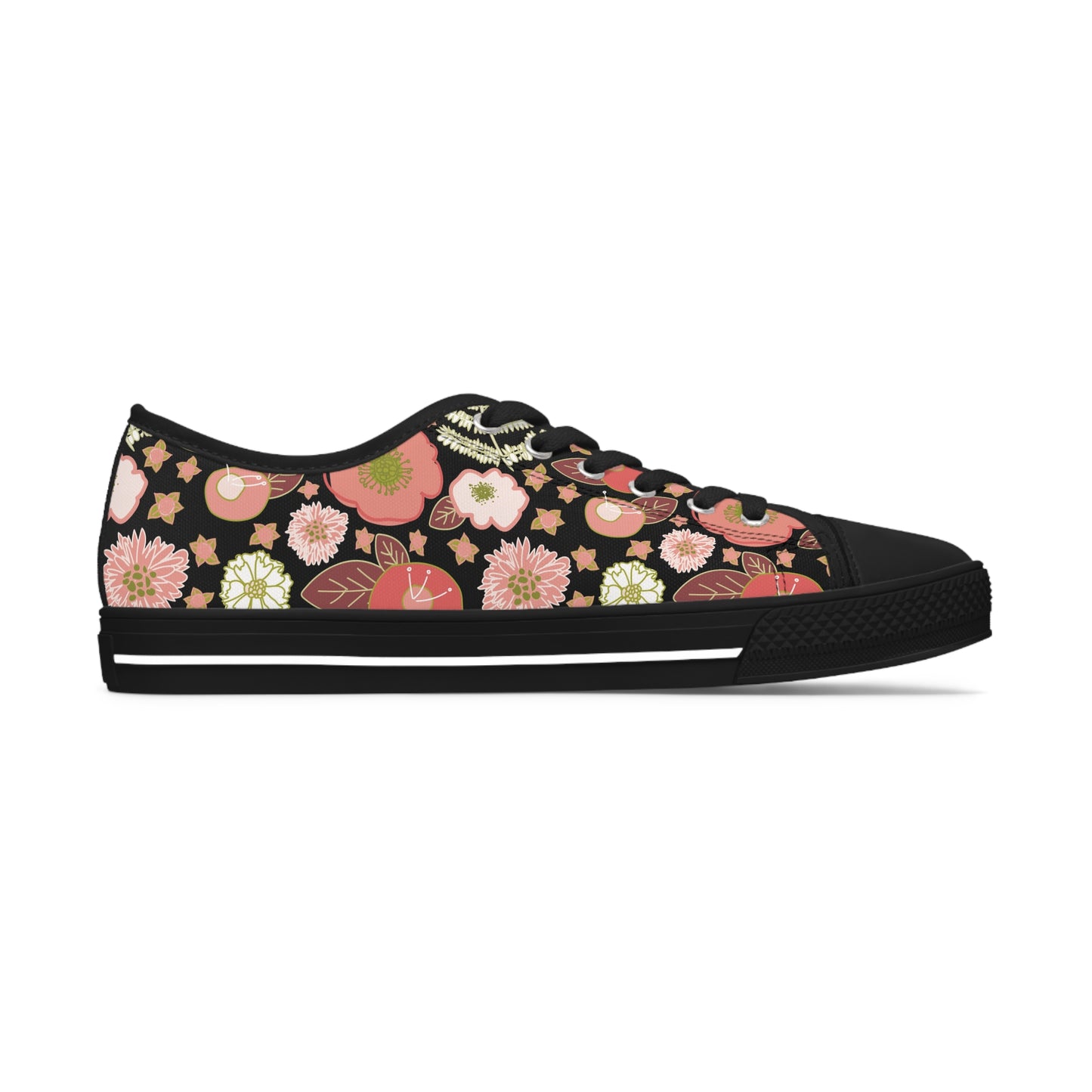 Coral Flowers on Black Women's Low Top Sneakers