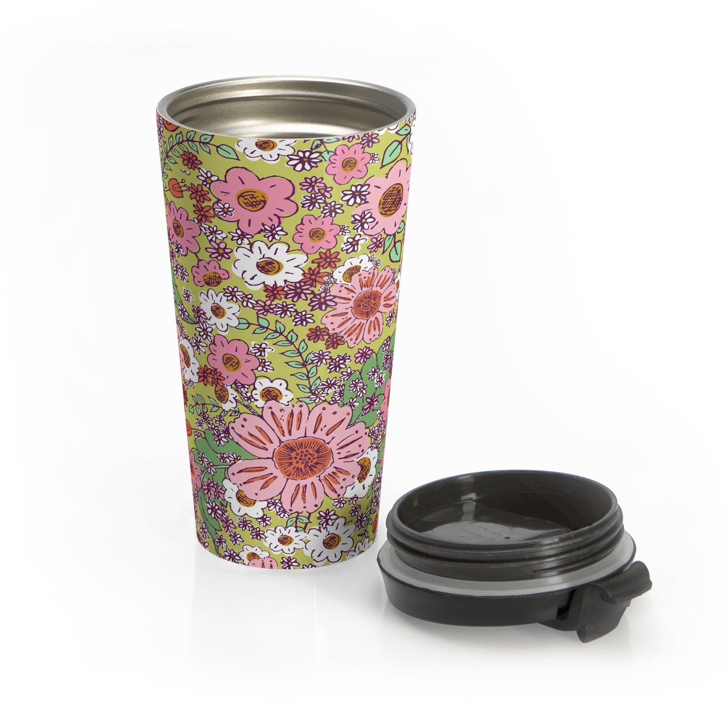 Cheerful Watercolor Flowers on Bright Green Stainless Steel Travel Mug